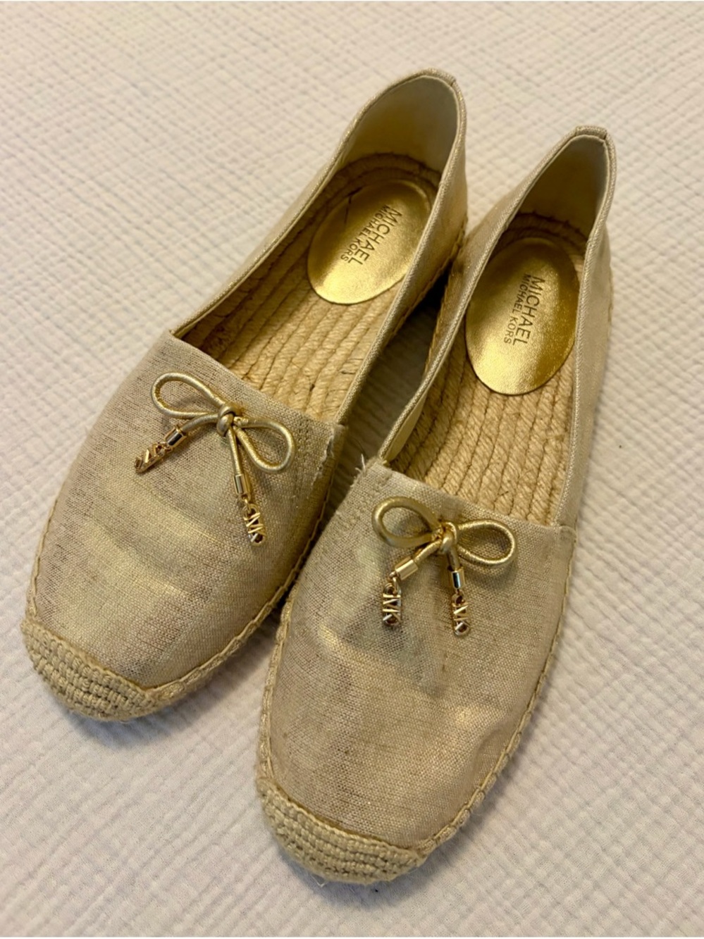 Michael Kors Tan Jute & Gold Logo Espadrille Flats Sz 7